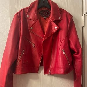 Cropped red leather jacket